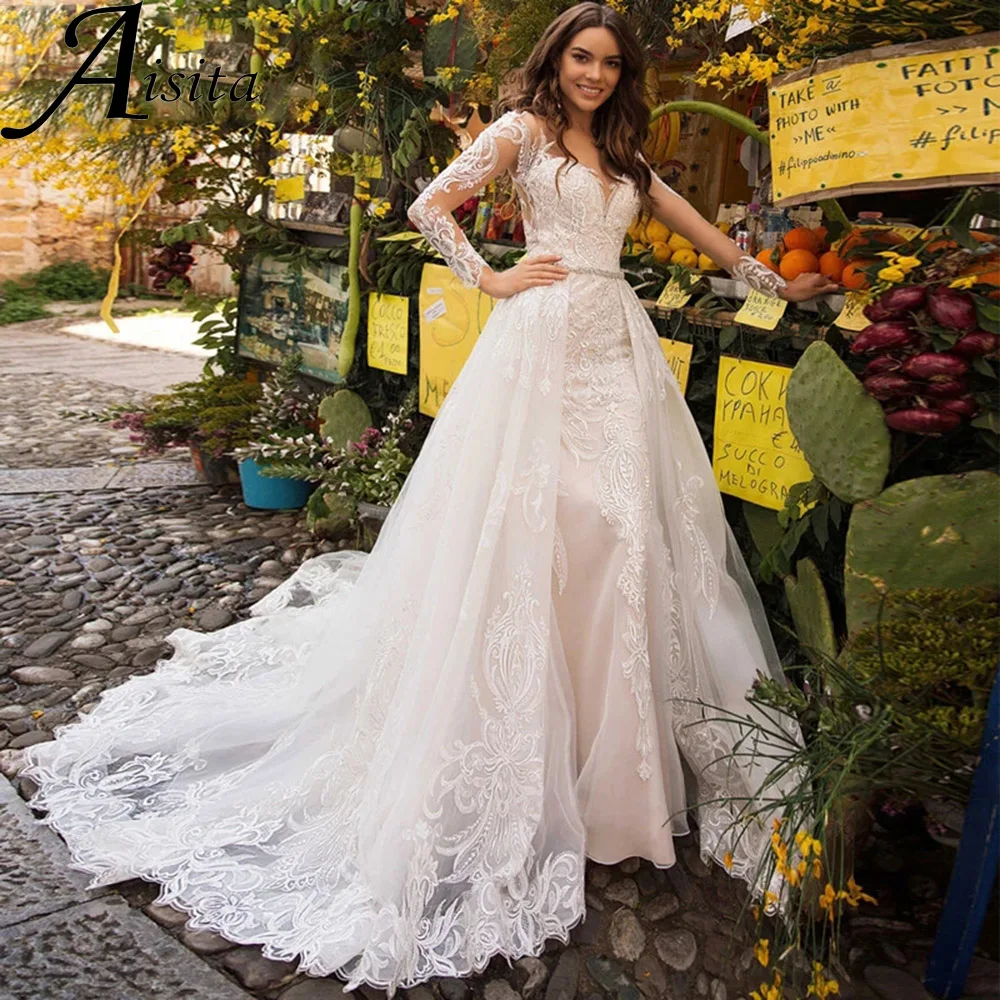 

Mermaid With Detachable Train Wedding Dress Sheer O Neck customized Lace Appliques Bridal Gown Long Sleeves Vestidos De Novia