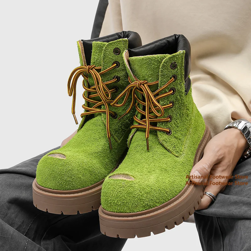 Big Round Toe Men's Boots Thick Bottom Height Increasing Motorcycle Boots Retro Classic Outdoor Designer Handmade Men Boots