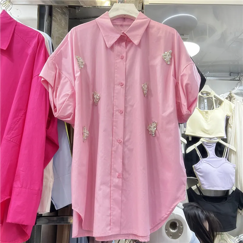 

Women Summer Shirt Casual Tops Beading Puff Sleeve Blouses Shirts Single Breasted Button Up Top Elegant Splice 2025 Office Lady