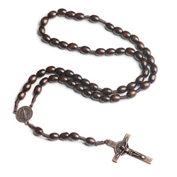 Hand-Knitted Cross-Border Rosary wooden Bead Jewelry Jesus Christ Catholic Church Traditions Featuring Brown Crucifix Rosaries