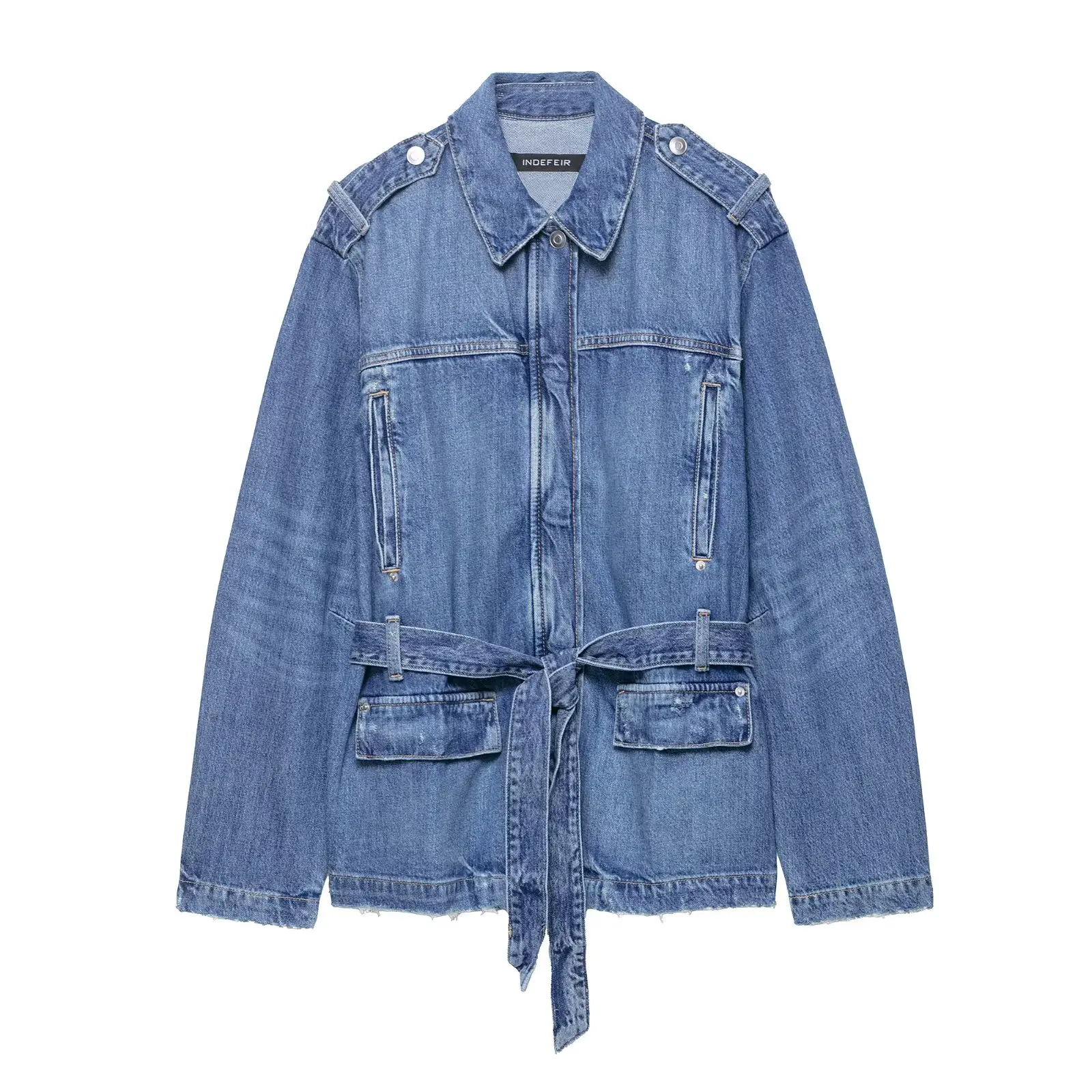 

2025 New Arrival Autumn Fashion Long Denim Jacket Women's Waist-Defining Outerwear Commuter Style Loose Fit