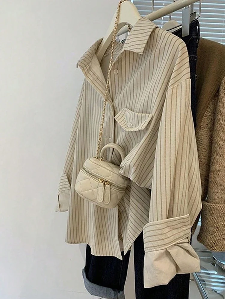 Women's Fashion Shirt Early Autumn Corduroy-Textured Casual Striped Long-Sleeved Shirt For Everyday Wear