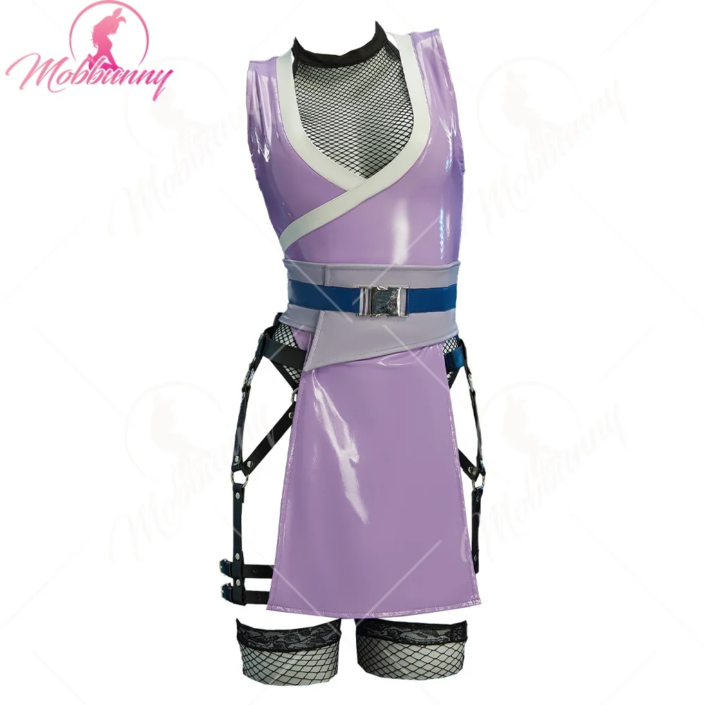 

MOBBUNNY Women Anime Derivative Ninja Cosplay Costume PU Leather Mesh Deep V Bodysuit with Mask and Thigh Socks Hallowen Costume