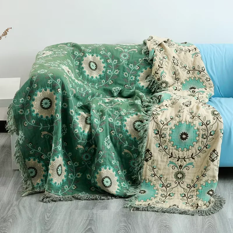 

Sofa Cover Blankets Bohemia Muslin Gauze Floral Tassel Throw Couple Double Bed Blankets Quilt Bedspreads On The Bed Home Bedding
