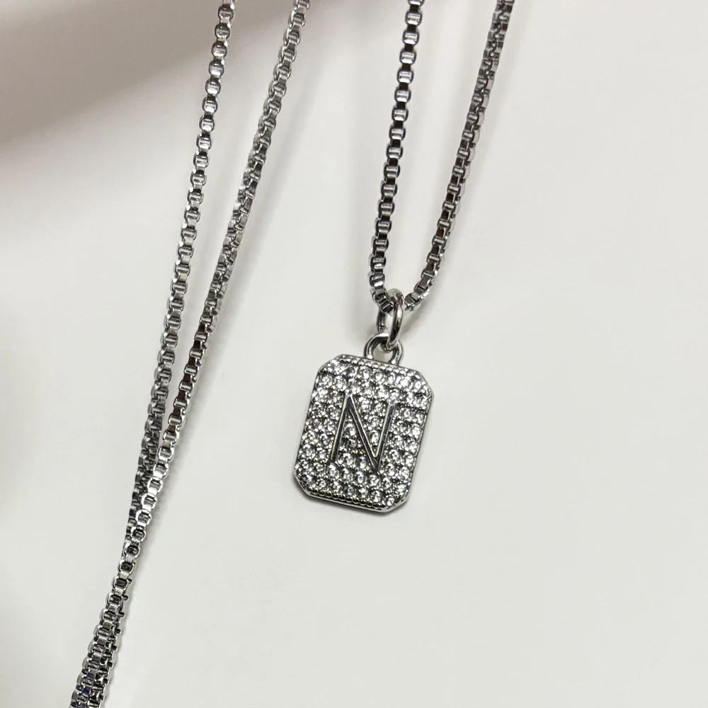 Square Copper Micro Pave CZ Capital Letter Pendant Necklace Women Vintage Gold Color Charm Steel Box Chain Collars Accessories