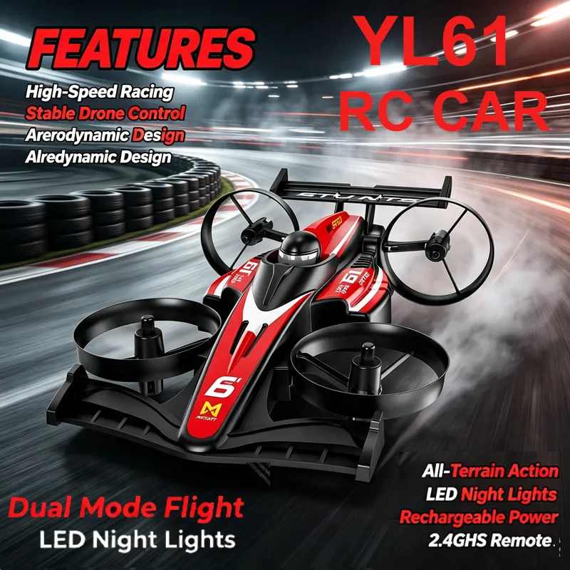 Latest YL61 2-in-1 Remote Control Racing Drone Car 2.4G Long Distance Control High Speed Land Driving Air Flight Stunt Aircrafts