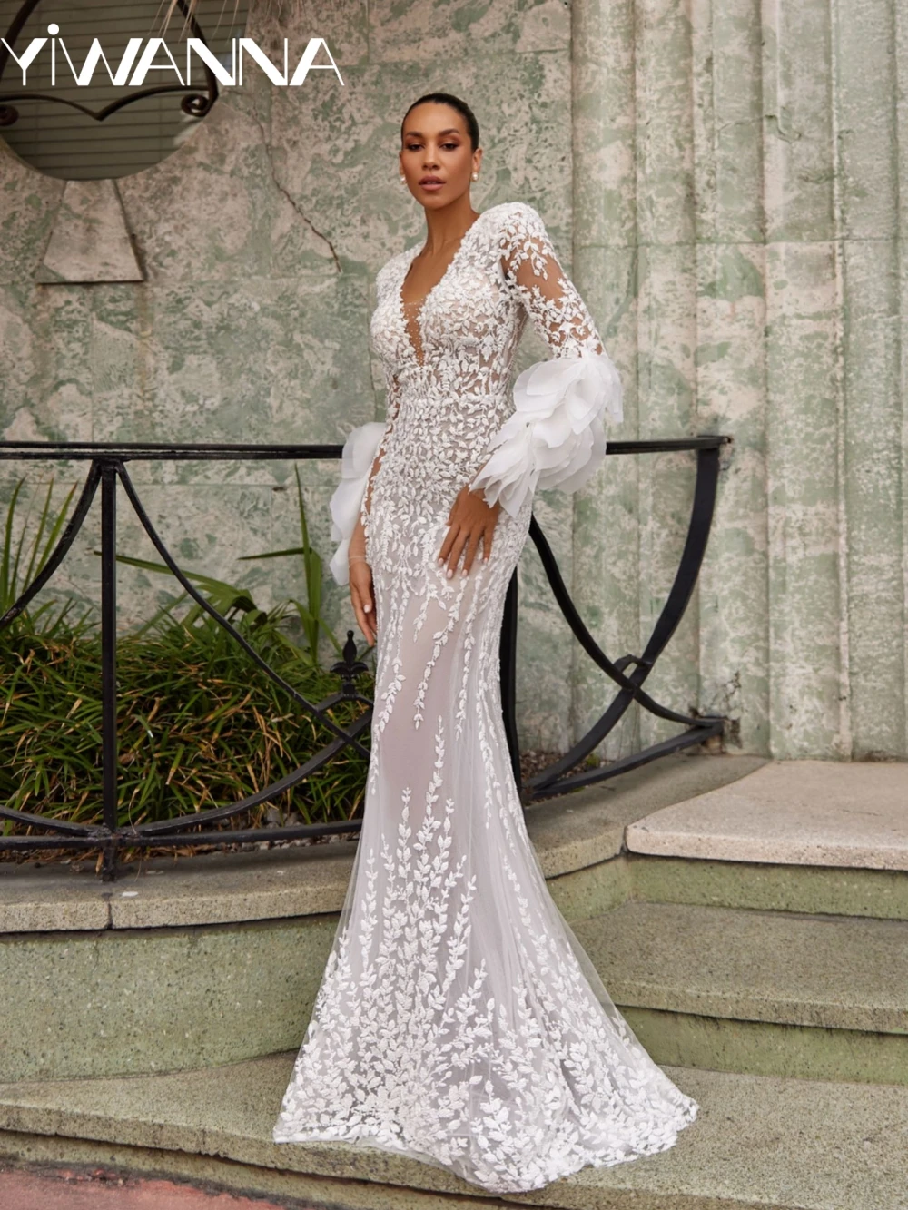 

Charming Beaded Lace Mermaid Long Wedding Dress Illusion Deep V-neck Bridal Gown 2026 Customized Exquisite Dresses For Bride