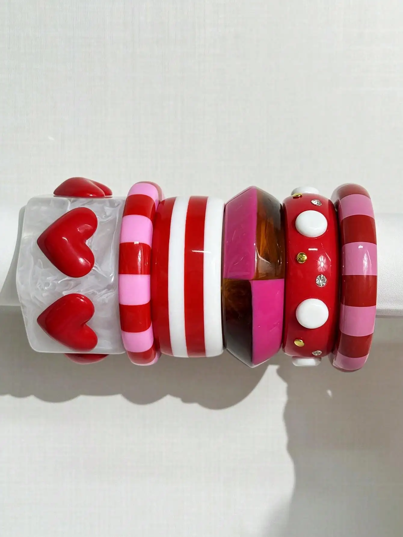 Sweet Pink Color Blocked Geometric Irregular Metal Bracelet with Striped Resin Accents Y2K Women's Jewelry  Everyday Wear