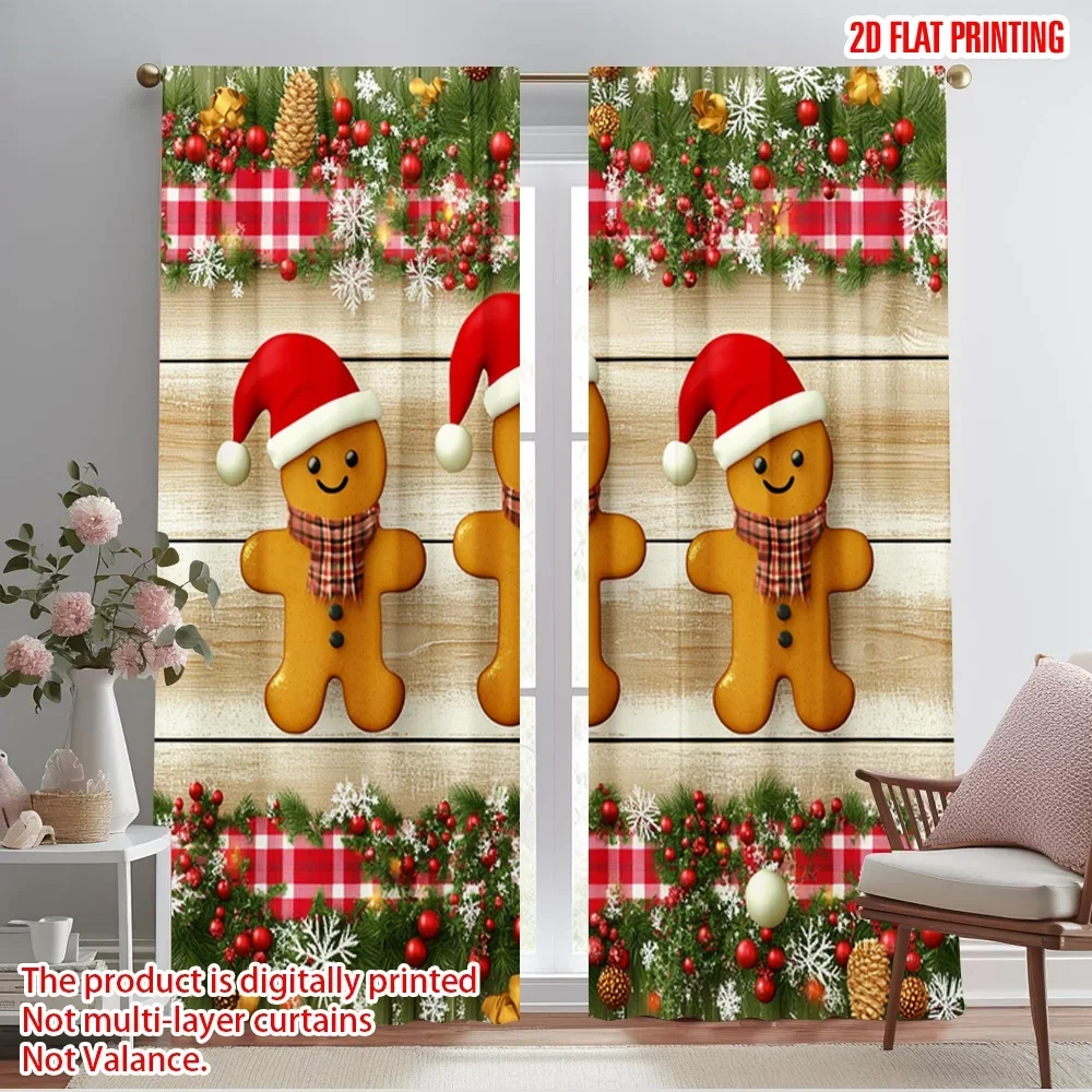 2pcs,2D plane printing Curtains Roller Blinds Gingerbread Christmas Snowflakes Holiday Polyester Woven (without rod) Home Decor