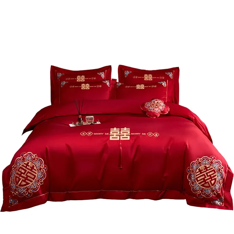 New Chinese style wedding four piece set made of pure cotton, bright red, 100s long staple cotton embroidered duvet cover, weddi