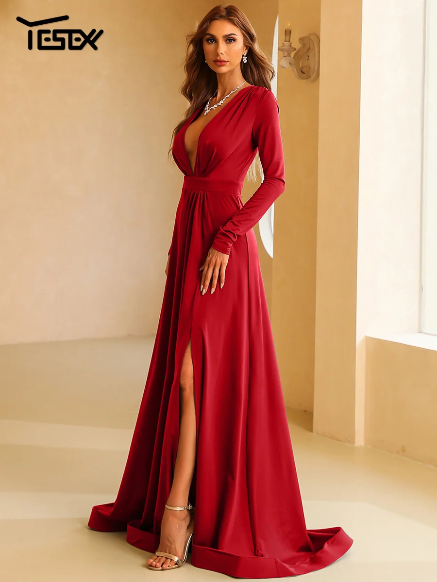 Yesexy New Chic Elegant Woman Dress Burgundy V Neck Long Sleeved A Line Split Evening Prom Formal Occasion Dresses