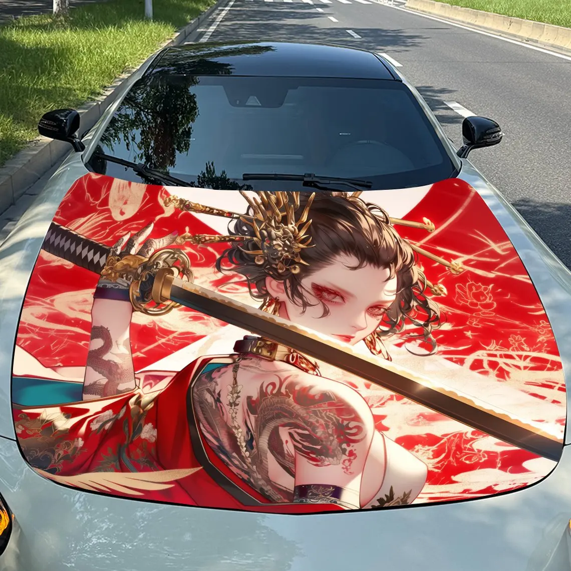 

Виниловая пленка для автомобиля Cool Tattoo Geisha, водонепроницаемая наклейка на капот автомобиля из ПВХ, самоклеящиеся устойчивые к царапинам наклейки для крышки двигателя, C