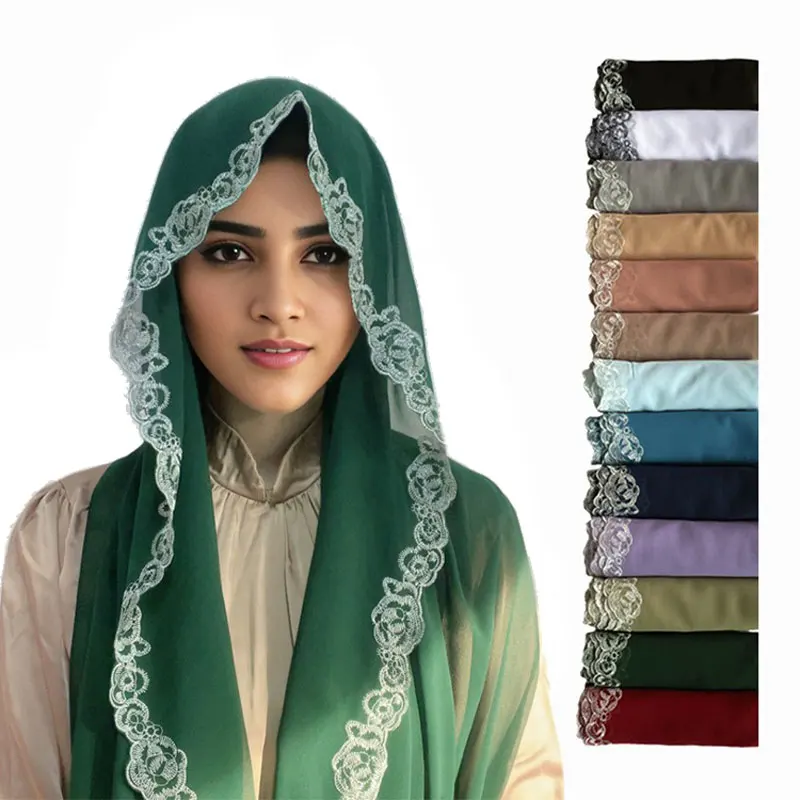 1 Pcs 180x70 Solid Color Summer Pearl Chiffon Lace-Trimmed Women's Ethnic Headscarf Middle Eastern And Indonesian Style