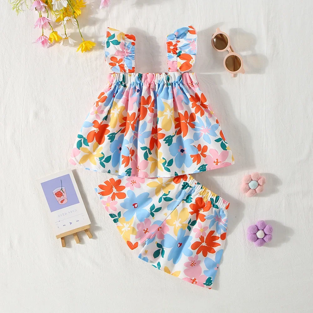 Summer New Colorful Flower Baby Girl Set, Countryside Style Infant Two-Piece Set, Children'S Sleeveless Clothes