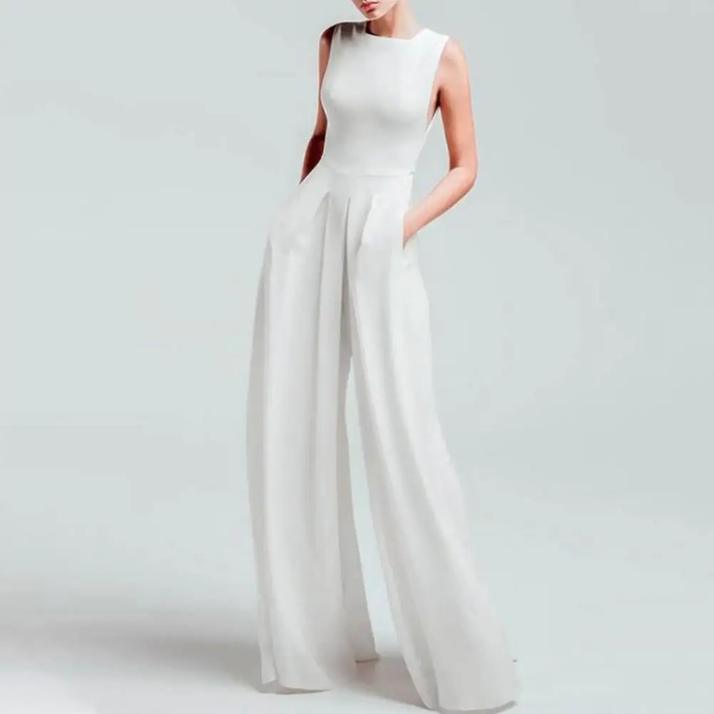 

Soft Fabric Jumpsuit Wide-leg Hem Jumpsuit Elegant Wide Leg Jumpsuit with High Waist Pockets for Women Formal Ol Commute Style