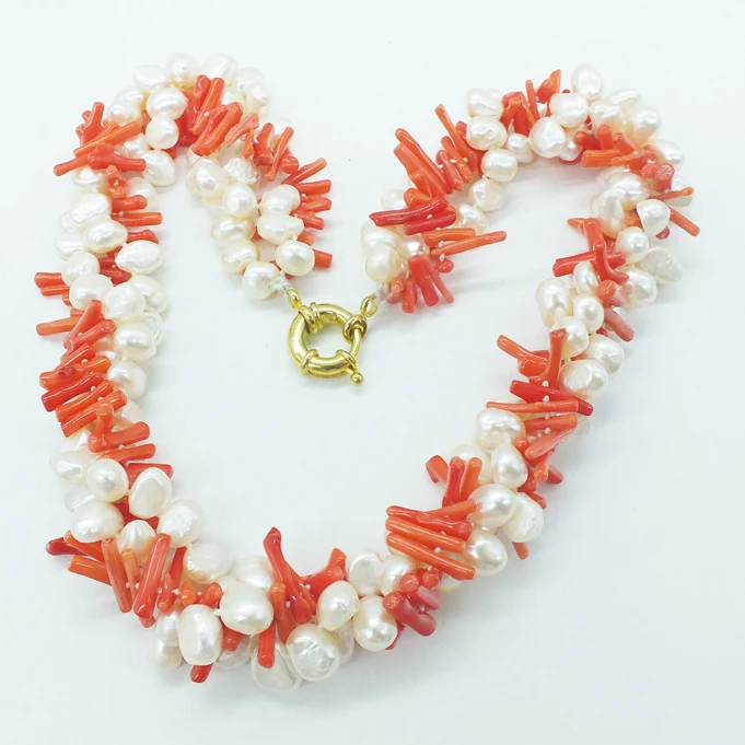 

3 rows of classic natural baroque pearls and natural irregular coral necklaces, the most beautiful bridal necklace 21"