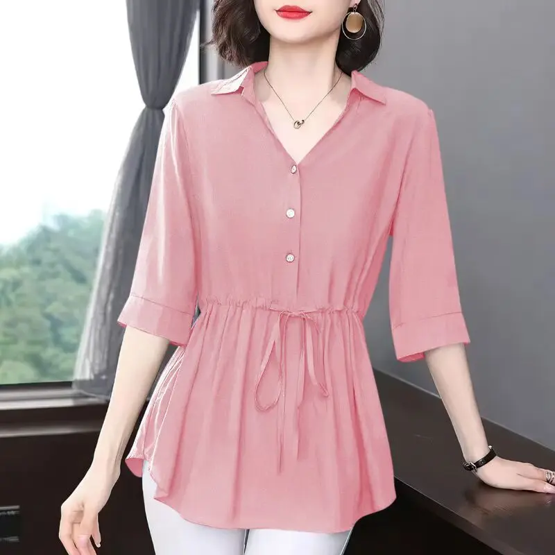 Women Clothing Summer Fashion Elegant Lace Up Slim Shirt Solid V Neck Half Sleeve Office Lady Blouse Irregular Tunic Tops Blusas