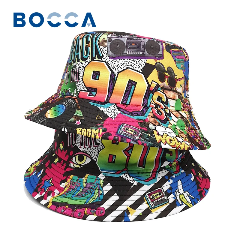 Bocca Cartoon Bucket Hat Vintage Style Fisherman Hats Printing Panama Cap Double Sides 80 90s Outdoor Summer Sunshade New Style