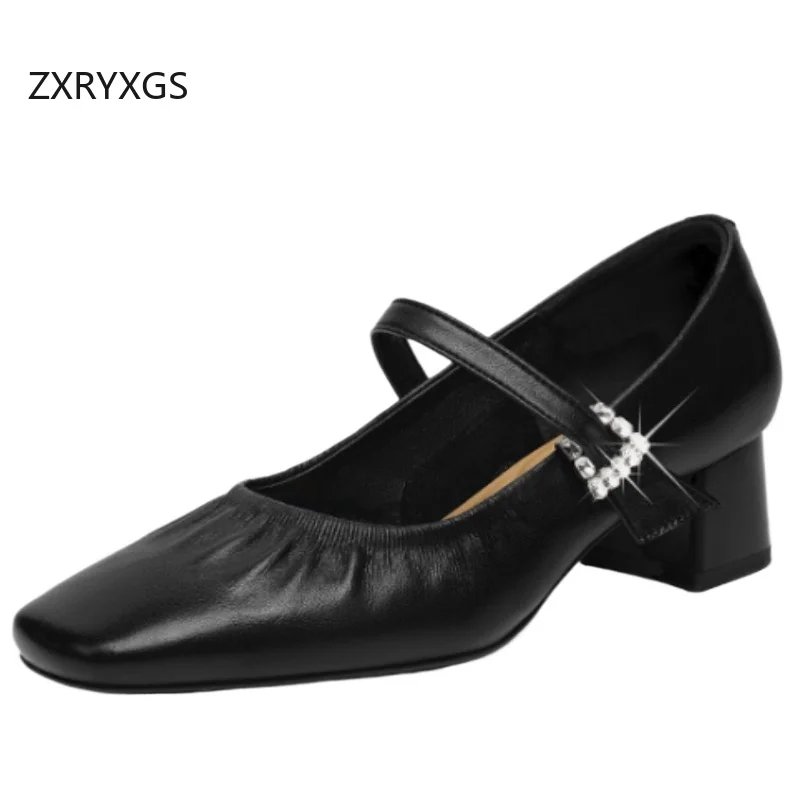 

ZXRYXGS Top Layer Sheepskin Thick Mid Heels 2026 New Square Toe Wrinkled Elegant Rhinestone Fashion Shoes Women's Banquet Shoes