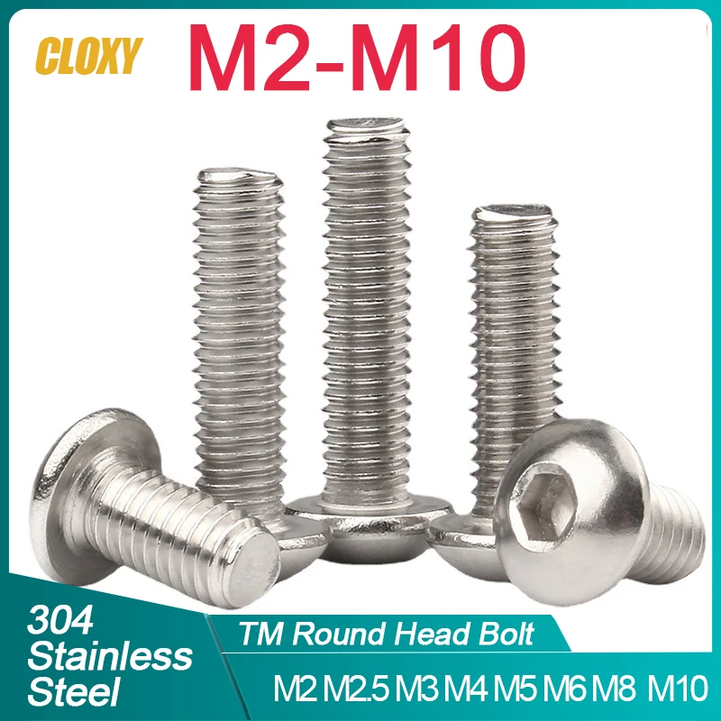 M2 M2.5 M3 M4 M5 M6 M8 M10 A2-70 304 Stainless SteelHexagon Hex Socket Head Button Allen Bolt Screw L=3 to 100mm ISO7380