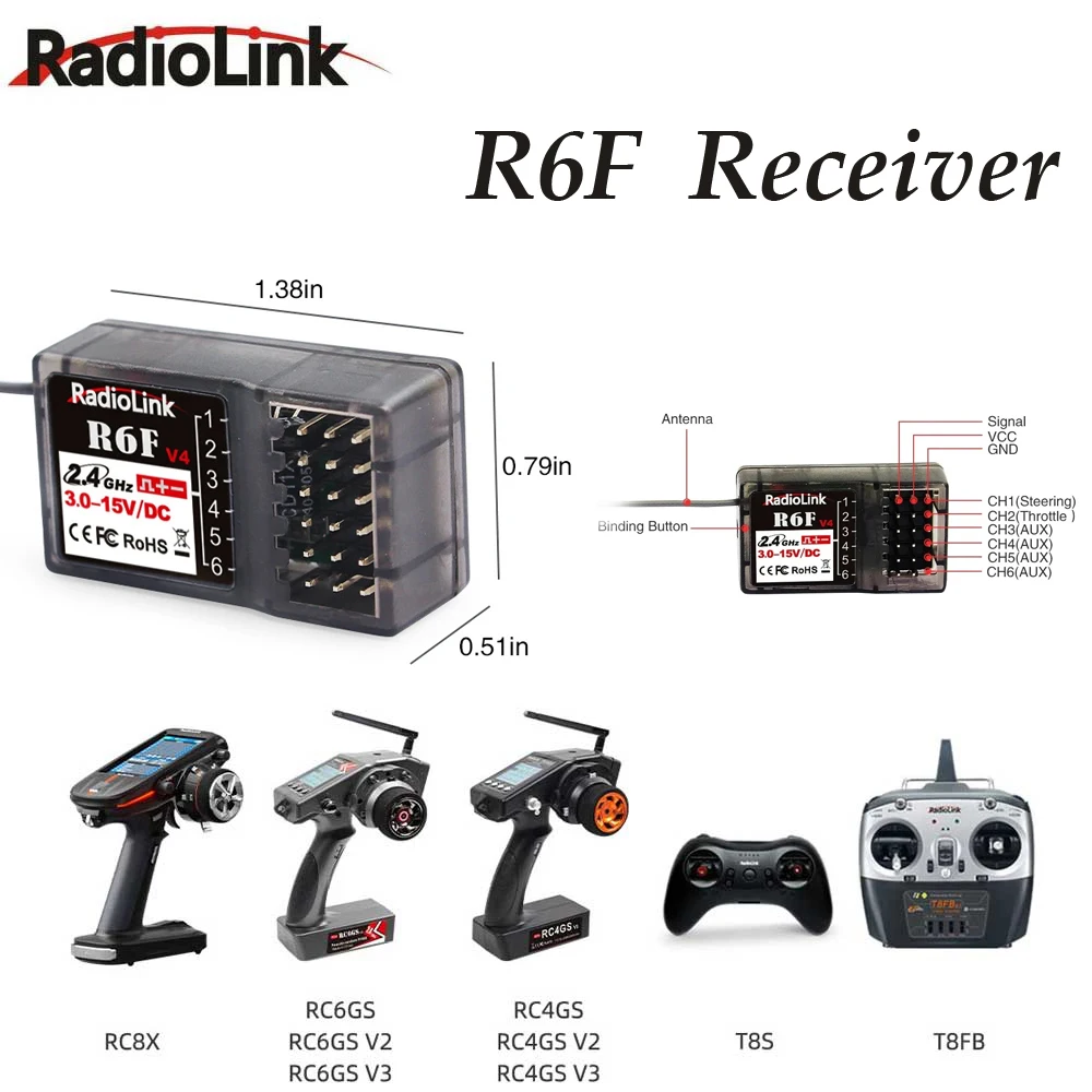 

Приемник Radiolink R6F 6 каналов 2,4 ГГц для радиопередатчика RC6GS V2 RC4GS V2 T8FB T8S Пульт дистанционного управления RC Автомобиль Лодка RC Аксессуары
