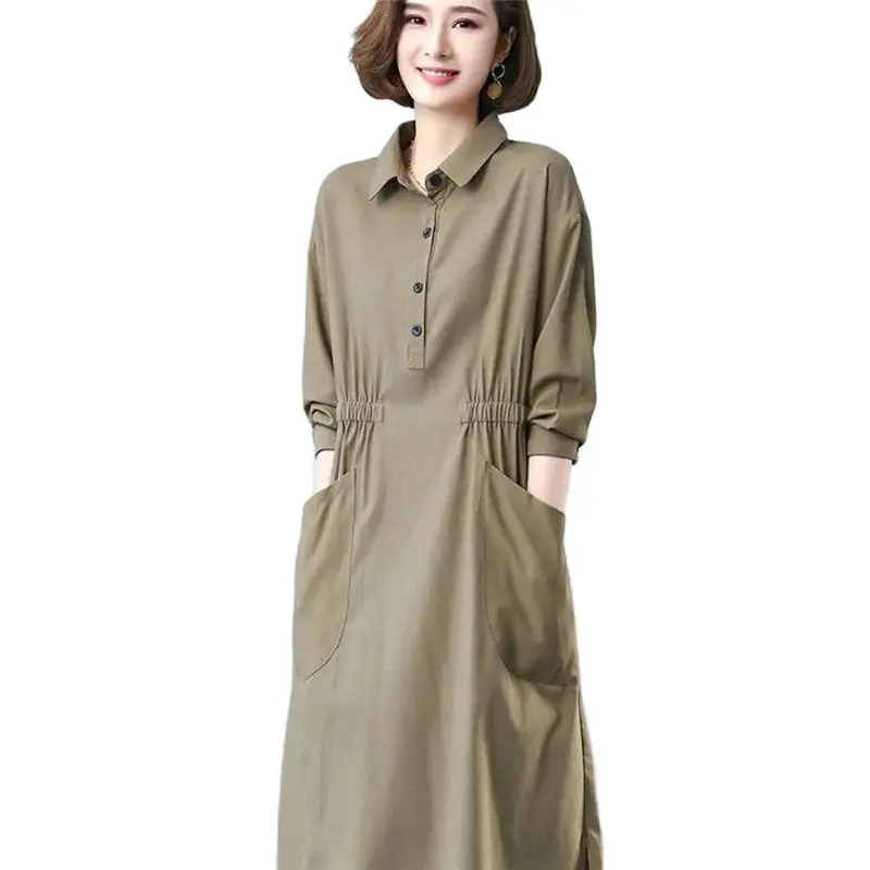 Fashion Cotton Linen Dress Female 2024 Spring Summer Autumn New Shirt Dresses Thin Elastic Waist Women's Dress Vestidos