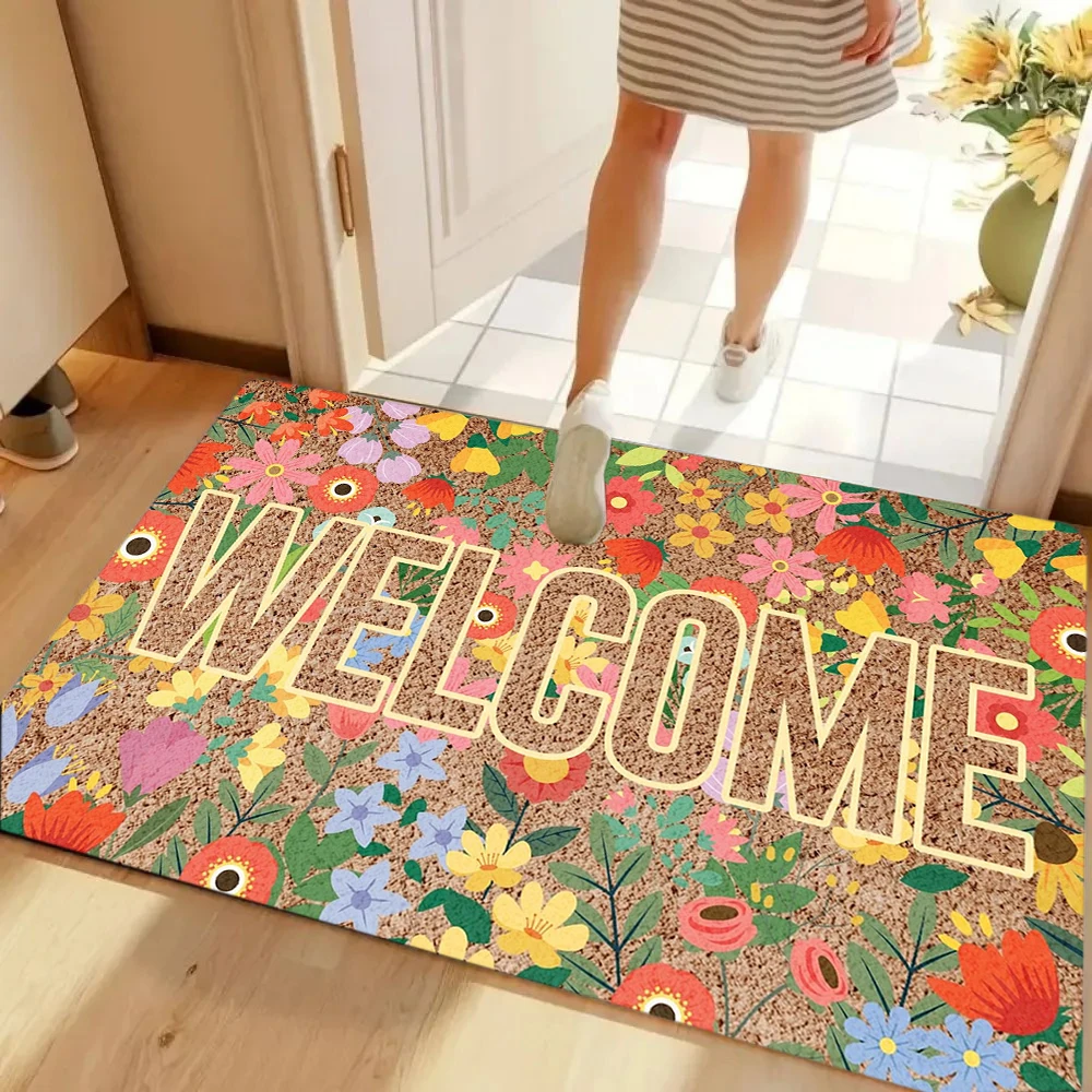 Welcome Retro Floral Doormat Orange Coir Non-Slip Entryway Mat Colorful Flower Design Carpet for Entryway Kitchen Living Room - view 3