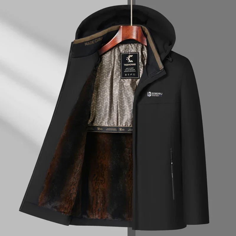 

LIBIELIY Male Jacket Detachable Hat Warmth Thickened Mens Autumn Hooded Casual Brand Windproof Plush Parkas Outwear Hat Waterpro