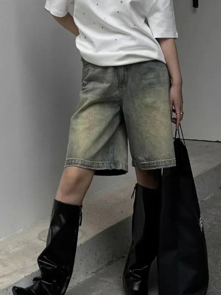 

Летние негабаритные женские универсальные джинсовые шорты в американском стиле ретро, новые модные свободные утягивающие прямые шорты с пятью точками и широкими штанинами