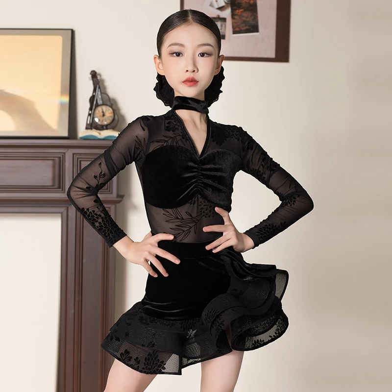 Latin dansjurk voor meisjes Tango Rumba prestatiepak Zwarte V-hals bodysuit Ruche rok Kid Latin Outfit Oefenkleding 4170