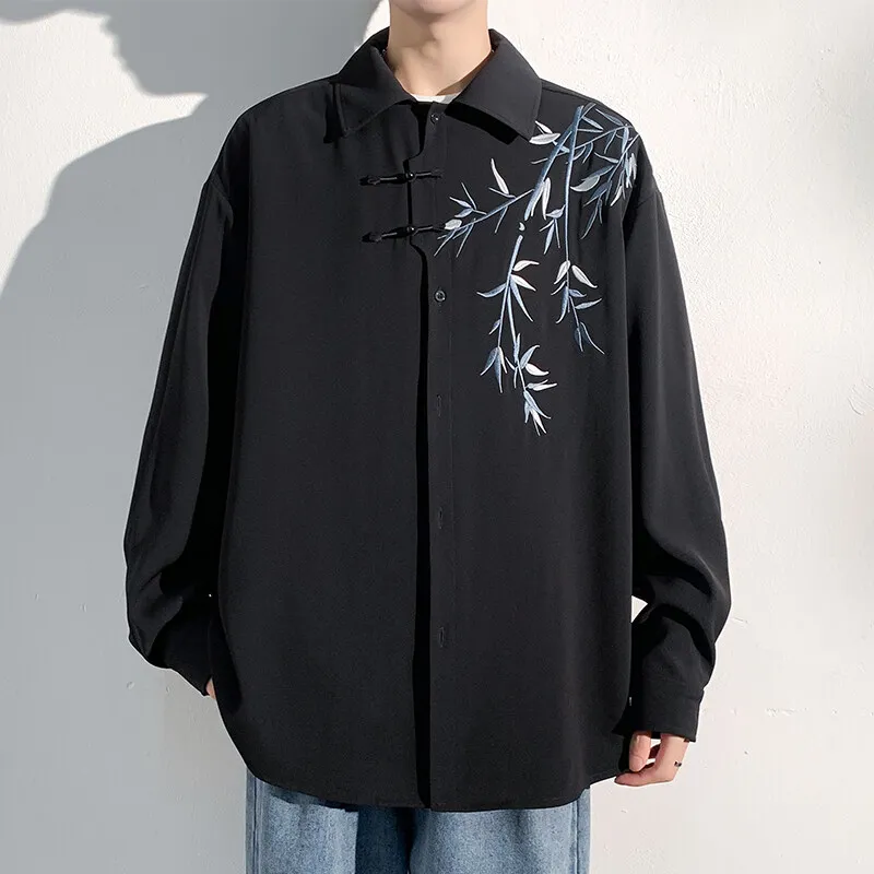 Men Loose Fit Embroidered Floral Casual Shirt Streetwear Oversized Comfortable Spring Summer Fashion Trendy Stylish Top Apparel