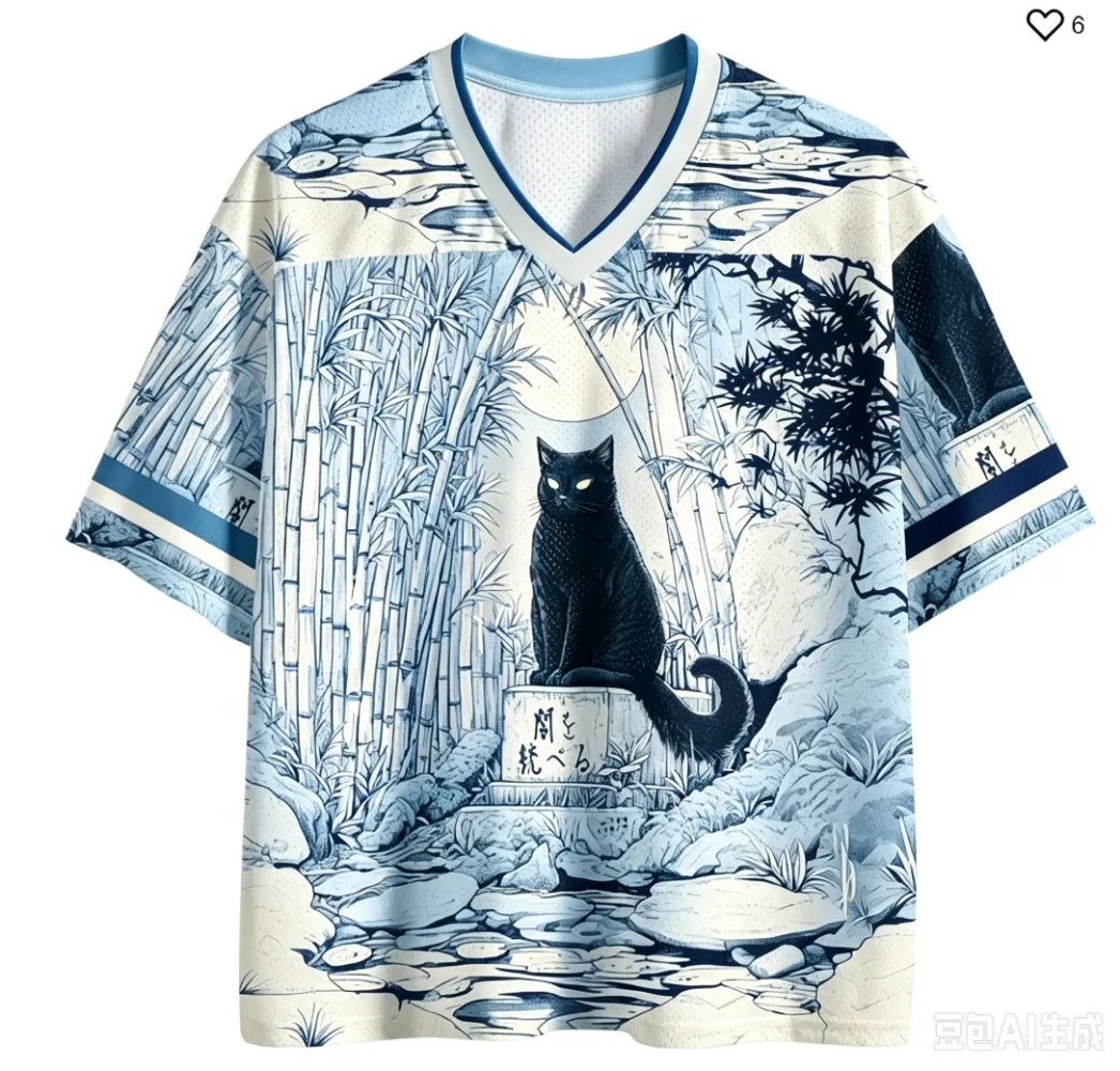 Schwarze Katze im Bambuswald 3D-Druck Herren V-Ausschnitt Übergrößen T-Shirt Japanisch Lässig Atmungsaktiv Schnelltrocknend Locker Sitzend Eltern-Kind – Detail 7