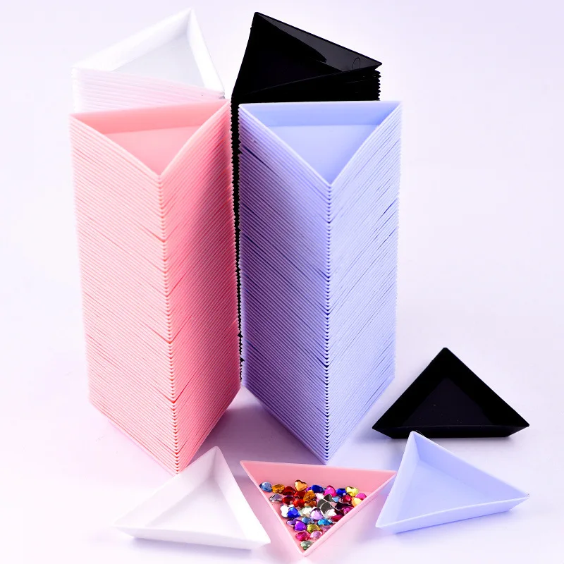 Triangle Plastic Rhinestone Nail Art Storage Box Plate Tray Holder Container Jewelry Glitter Cup DIY Decoration Dotting Tool