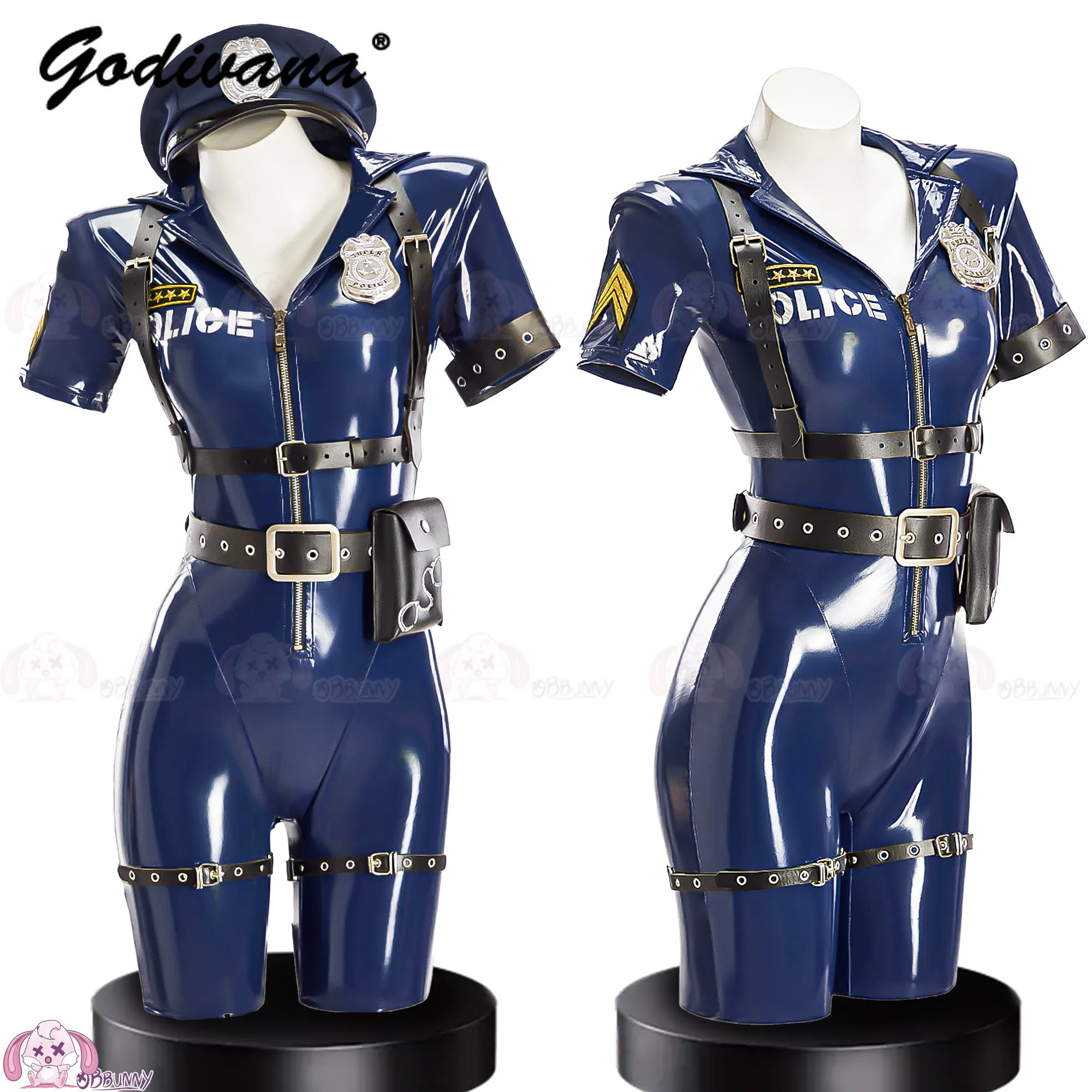 Women Cool Stretch PU Agent Cosplay Jumpsuit Short‑Sleeve Leather Bodysuit For Halloween Carnival Theme Party Role‑Play Costume