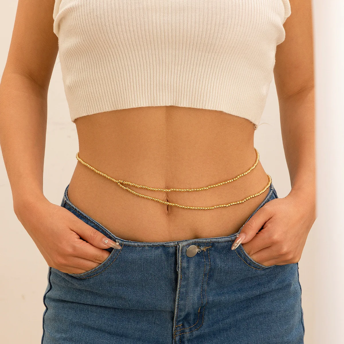 Waist Chain Double Layer Faux Pearl Beads Sexy Versatile for Women Daily Commute Durable Adjustable Silver Tone Alloy