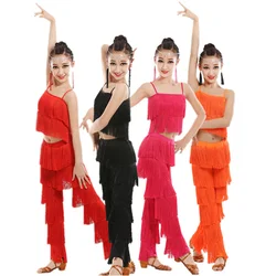 Latin Dance Dress For Kids Girls Adult Ballroom Tassel Fringe Tops Pants Salsa Samba Costume Children Dance Competition Costume