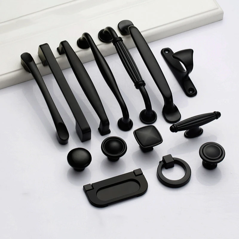 

American Black Aluminium Alloy Door Handles Wardrobe Drawer Cabinet Pull Kitchen Cabinet Handles For Furniture Closet Door Knobs