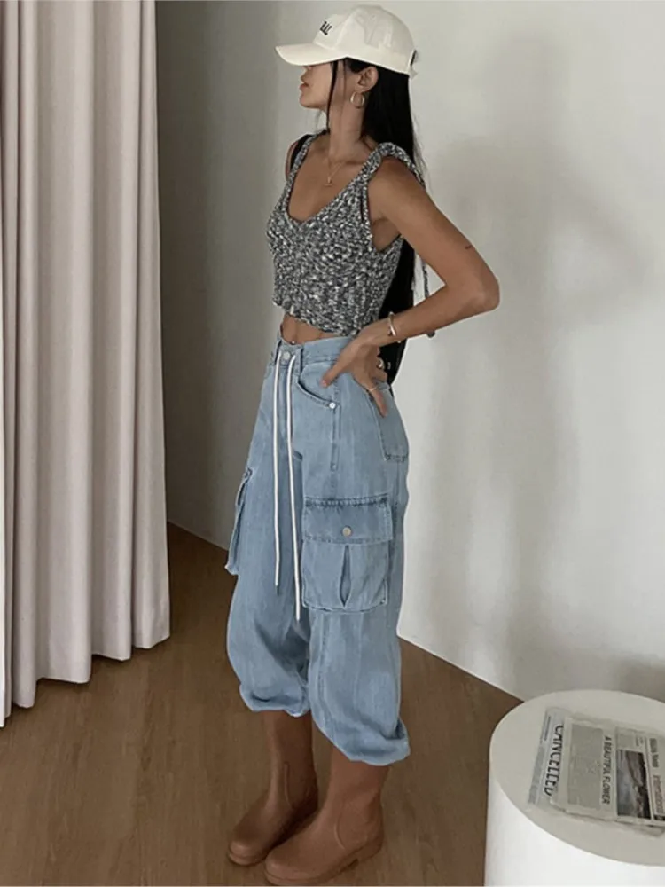 Jeans Herbst hohe Taille Hose Frauen lässig lose koreanische Stil plissierte Damen weites Bein Hosen Mode Frau lange Cargo hose