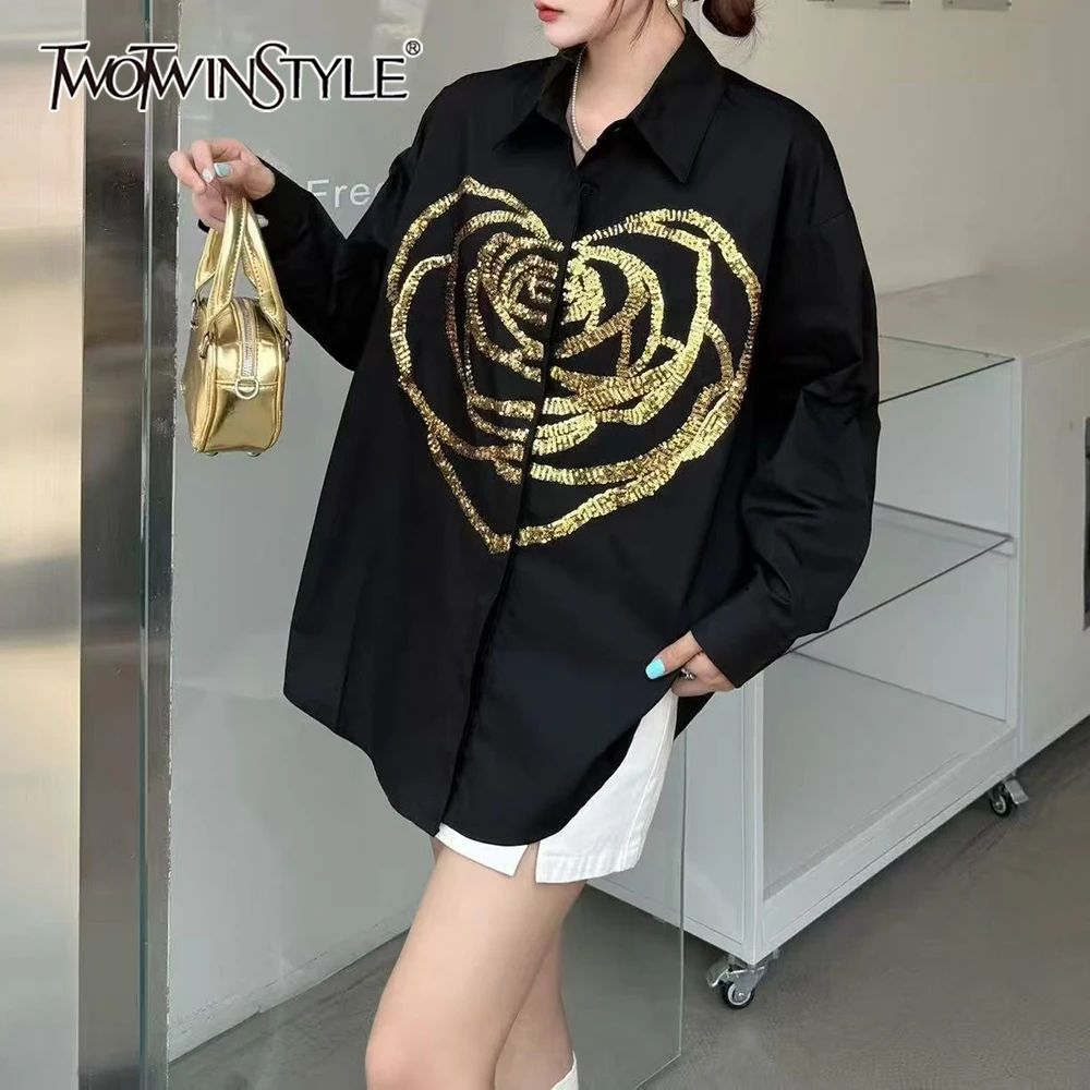 

TWOTWINSTYLE однотонная базовая рубашка с блестками, женская свободная рубашка с лацканами и длинными рукавами во французском стиле, осенняя мода, новинка