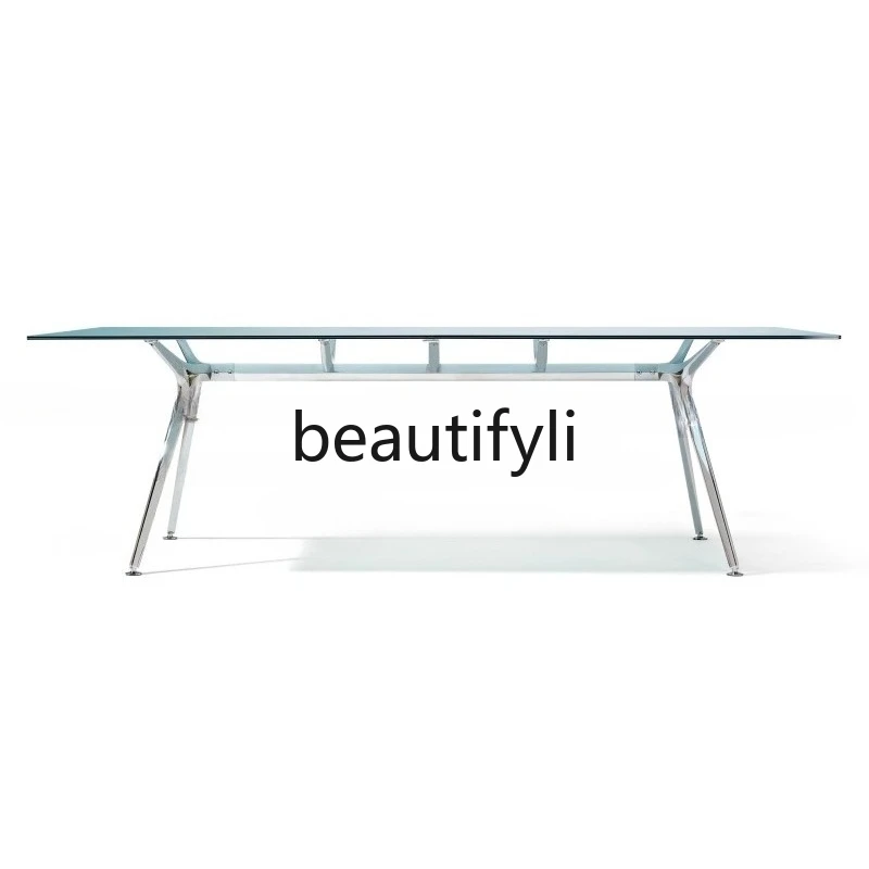 

Modern Chrome-Plated Bright Silver Glass Table Minimalist Dining Room Long Tea Table