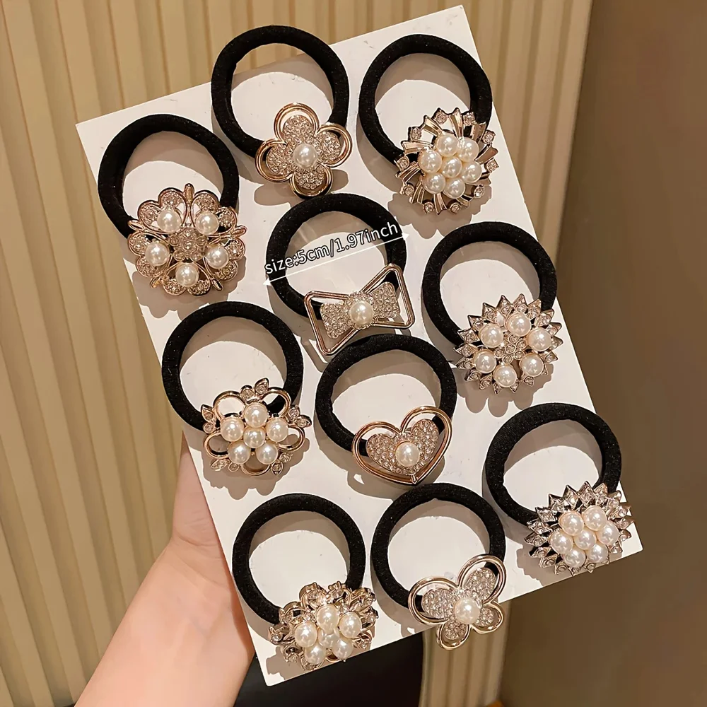 10pcs Rhinestone Faux Embellished Hair Band, Cute Elastic Jersey Material, Includes Minimalist & Elegant Styles Women's Hair Tie