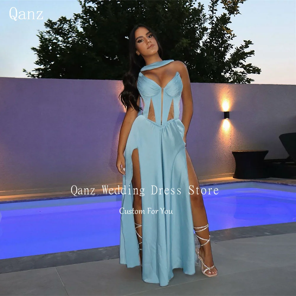 

Qanz Beach Sweetheart Evening Dresses Blue Satin High Slit Satin A Line Floor Length Party Dress Vestidos De Formatura 2024