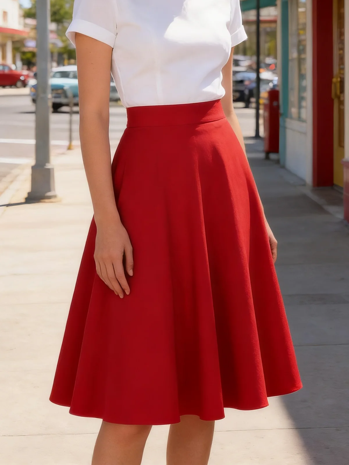 Tonval Red Vintage Swing Midi Skirt Retro Plain Elegant Women 1950s High Waist Cotton Casual A Line Skirt