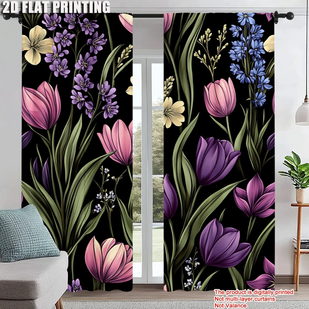 

2Pcs Vintage Floral Pattern Polyester Window Curtains Machine Washable Elegant Flower Print Drapes For Living Room Dining Room