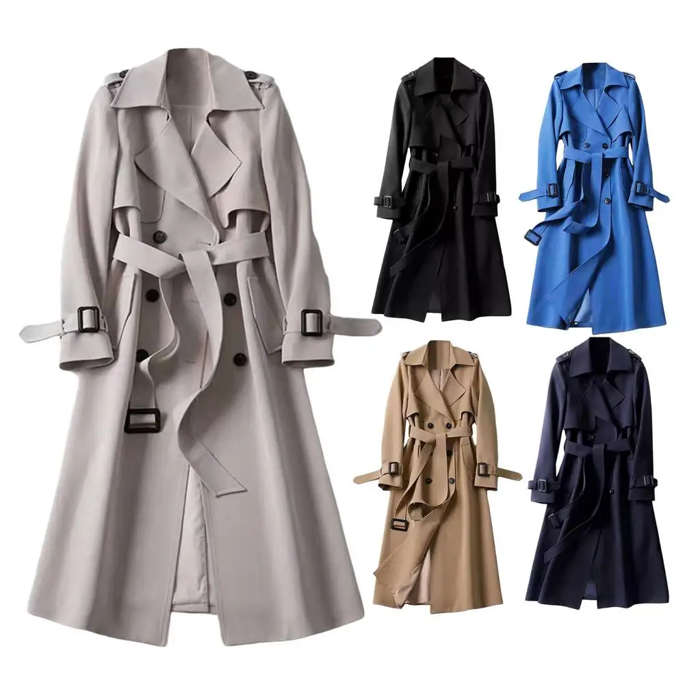 Woman Casual Khaki Turn-down Lapel Long Coats Fashion Double Breasted Jacket With Pocket 2024 Autumn Lady Commute Windbreaket