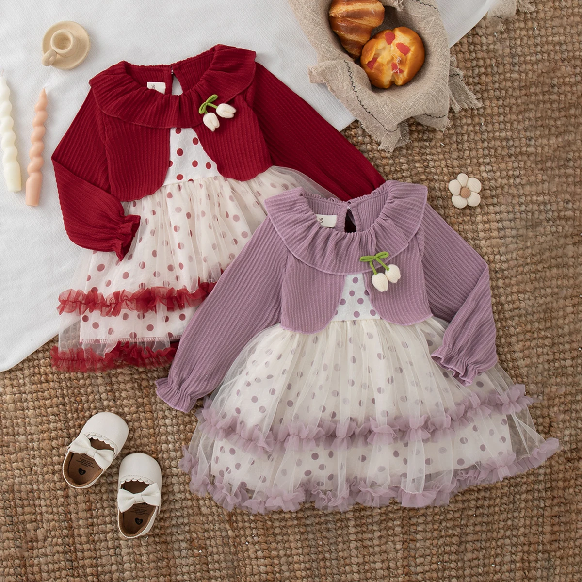 Spring Autumn Toddler Girl Knit Long Sleeve Dress Red Polka Dot Print Mesh with Bow Princess Dress Girl Party Costume