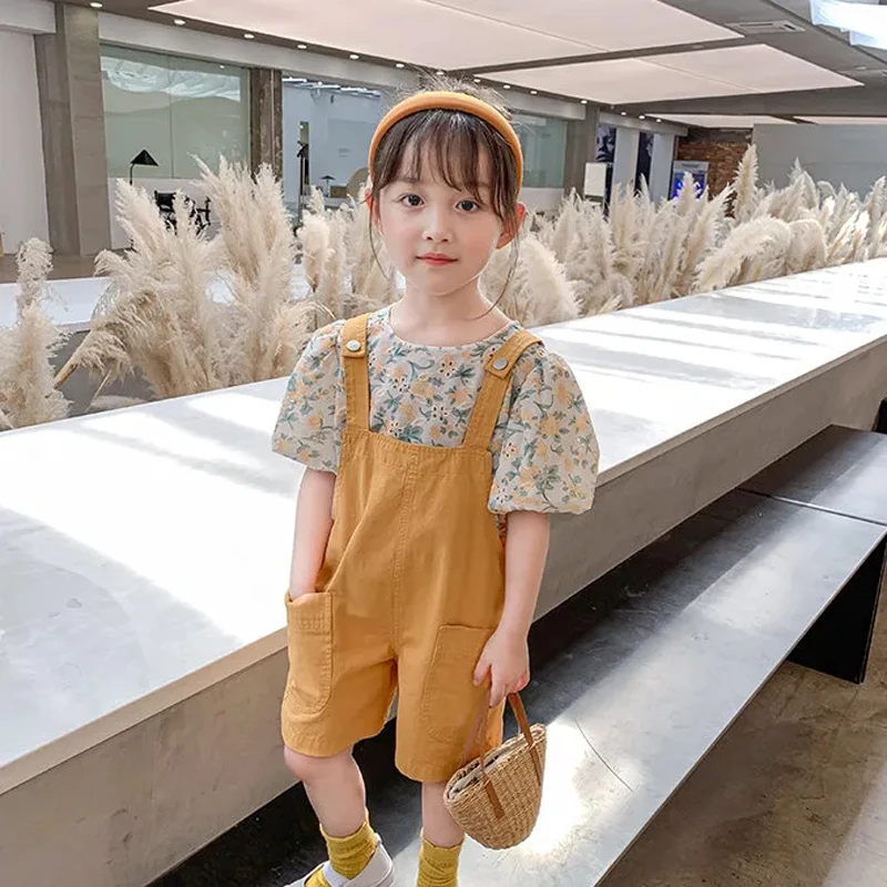 1 Piece Girls Fashion Pure Color Loose Overalls Children Summer Foreign Flavor Thin Suspender Shorts Baby Girls All Match Shorts