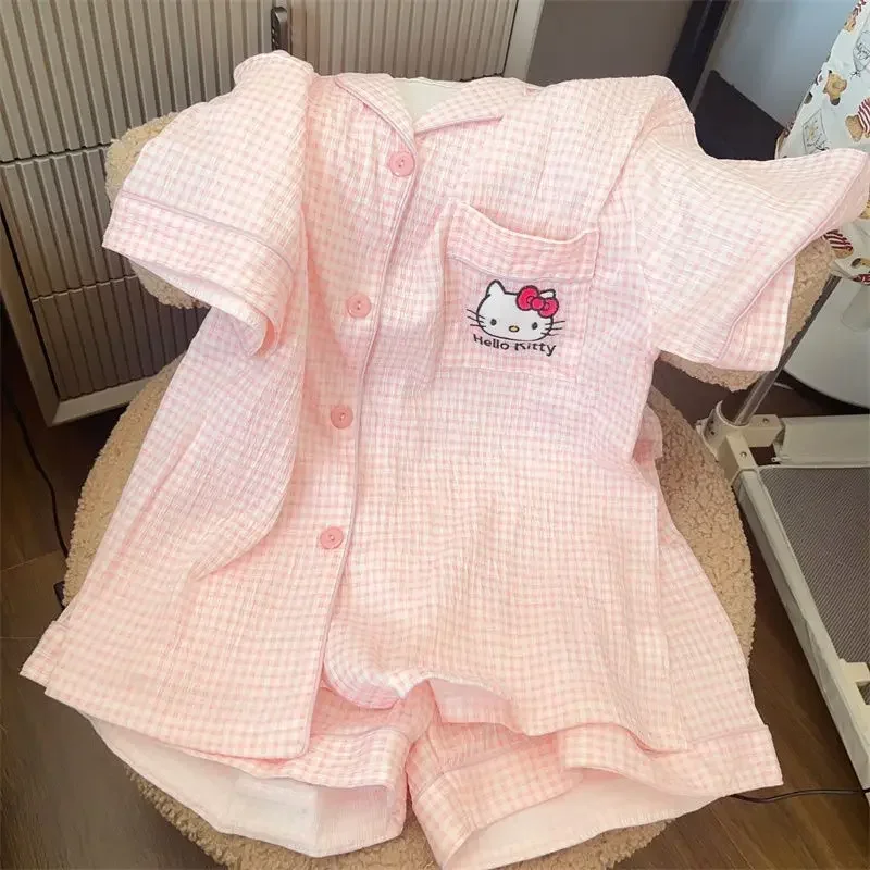 سانريو مرحبا كيتي ملابس نوم للفتيات ، الصيف كم قصير ، شورت ، لطيف كورمي تي شيرت ، منامة ، ثوب نوم ، ملابس المنزل