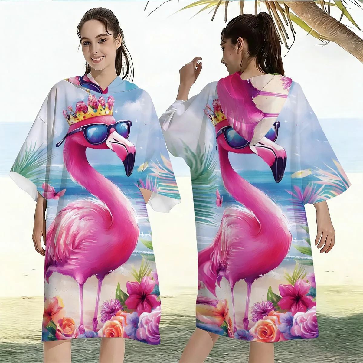 Cute Flamingo Print Hooded Beach Towel Quick Dry Microfiber Surf Poncho for Adults Absorbent Cape with Hood for Swimming Wrap