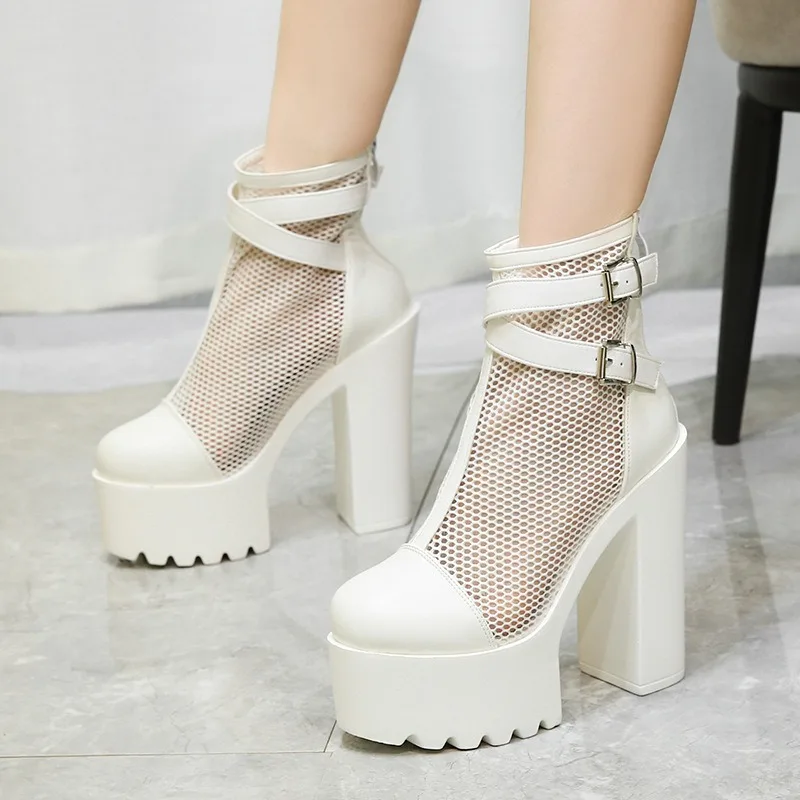 Autumn New Single Shoes Casual Round Toe 14CM Square Heel Women's Belt Buckle Platform Short Boots Fashion Rear Zipper Design